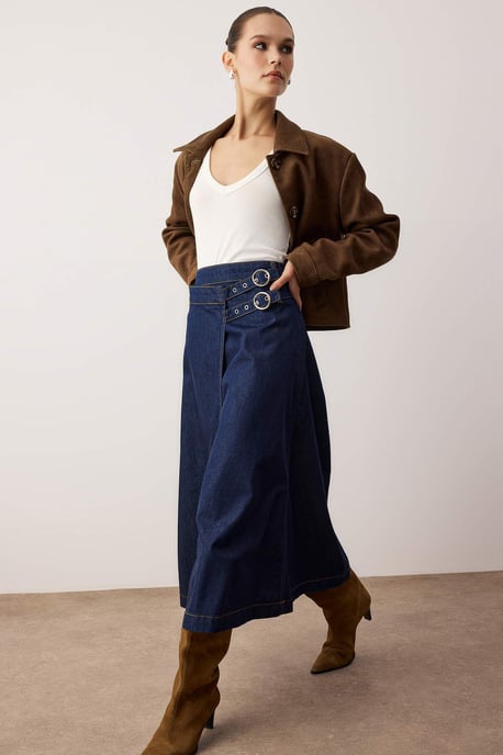 TRENDYOLMİLLA Damen Blau Einfarbig Maxi Volantsaum Wickel Röcke - Image 1