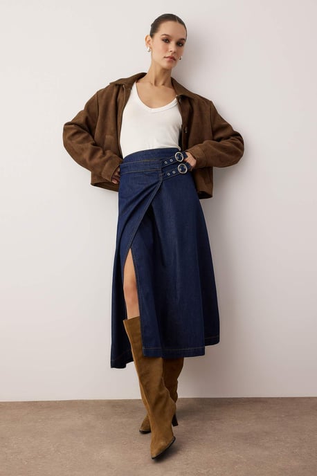 TRENDYOLMİLLA Damen Blau Einfarbig Maxi Volantsaum Wickel Röcke - Image 4
