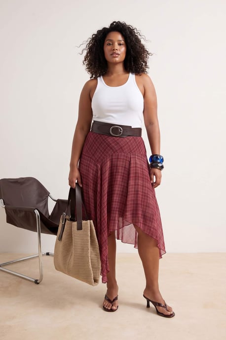 Trendyol Curve Damen Bordeaux Kariert Maxi Große Größen Röcke - Image 1