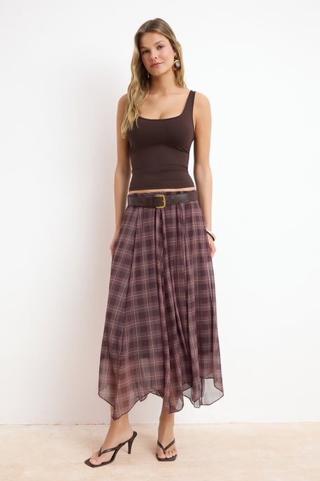 TRENDYOLMİLLA Damen Mehrfarbig Kariert Maxi Asymmetrisch Röcke - Image 4