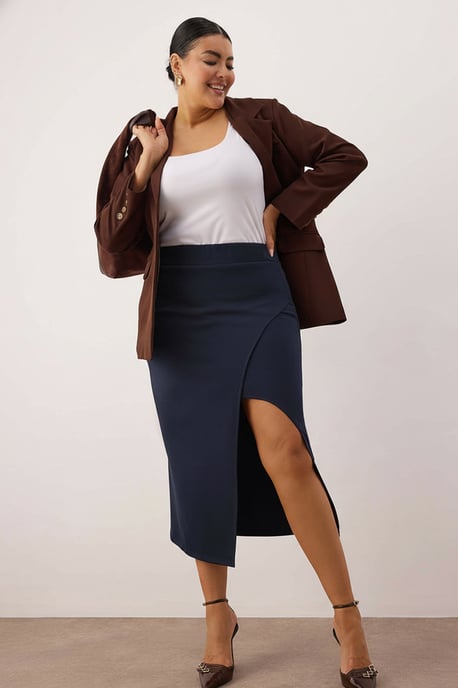 Trendyol Curve Damen Dunkelblau Einfarbig Midi Bleistift Rock Große Größen Röcke - Image 1