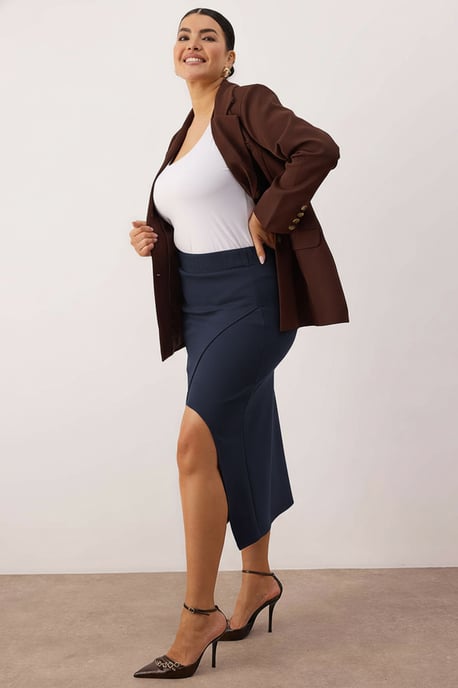 Trendyol Curve Damen Dunkelblau Einfarbig Midi Bleistift Rock Große Größen Röcke - Image 4