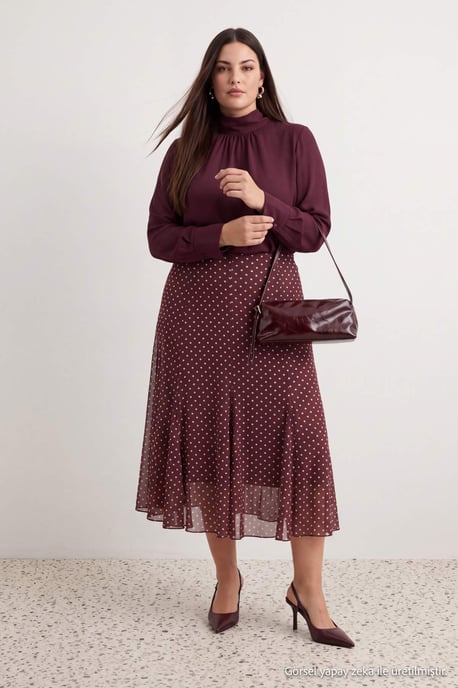 Trendyol Curve Damen Braun Gepunktet Midi Skater Große Größen Röcke - Image 2