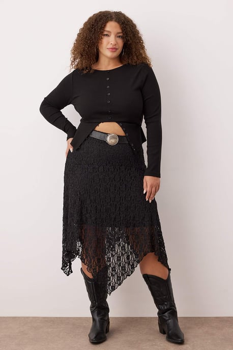 Trendyol Curve Damen Schwarz Einfarbig Midi Asymmetrisch Große Größen Röcke - Image 2