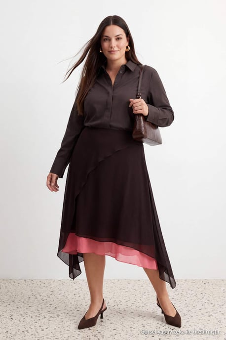 Trendyol Curve Damen Mehrfarbig Einfarbig Midi Große Größen Röcke - Image 1