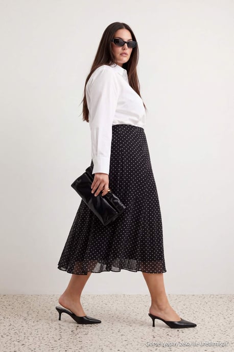 Trendyol Curve Damen Schwarz Gepunktet Midi Skater Große Größen Röcke - Image 3