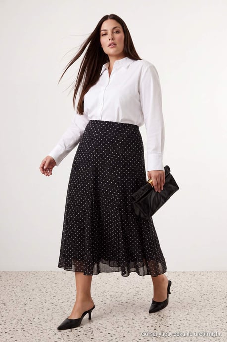 Trendyol Curve Damen Schwarz Gepunktet Midi Skater Große Größen Röcke - Image 4
