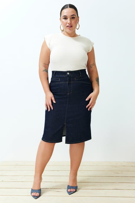 Trendyol Curve Damen Blau Einfarbig Midi Bleistift Rock Bleistift Rock Große Größen Röcke - Image 1