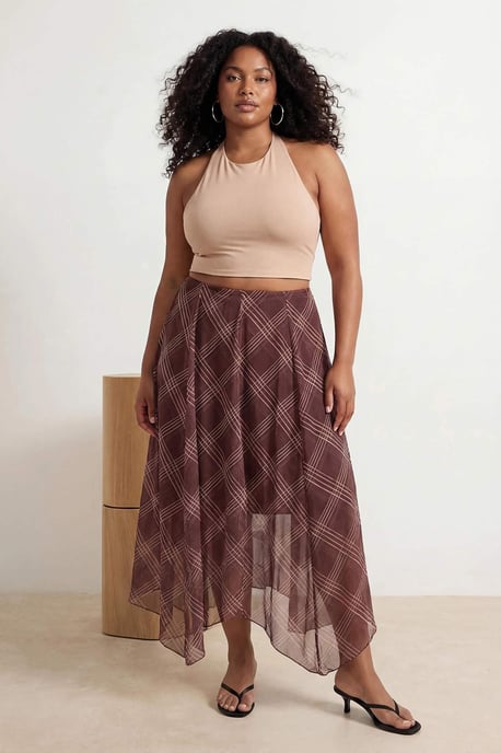Trendyol Curve Damen Braun Kariert Midi Große Größen Röcke - Image 2