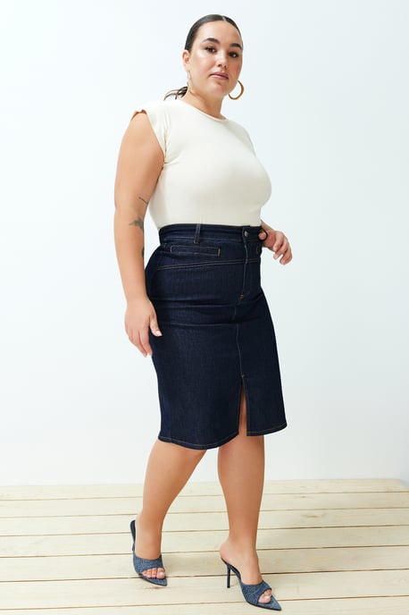 Trendyol Curve Damen Blau Einfarbig Midi Bleistift Rock Bleistift Rock Große Größen Röcke - Image 2
