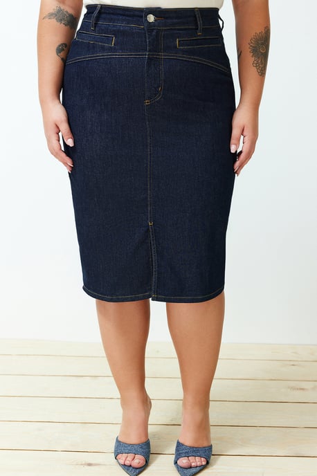 Trendyol Curve Damen Blau Einfarbig Midi Bleistift Rock Bleistift Rock Große Größen Röcke - Image 3