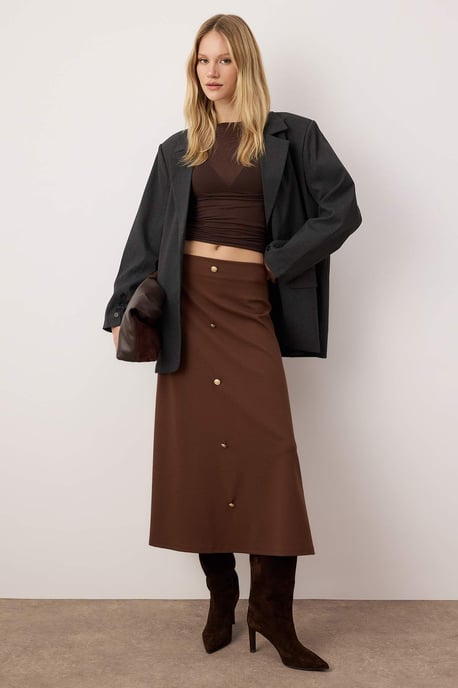 TRENDYOLMİLLA Damen Braun Einfarbig Midi Taille Elastisch Skater Röcke - Image 1