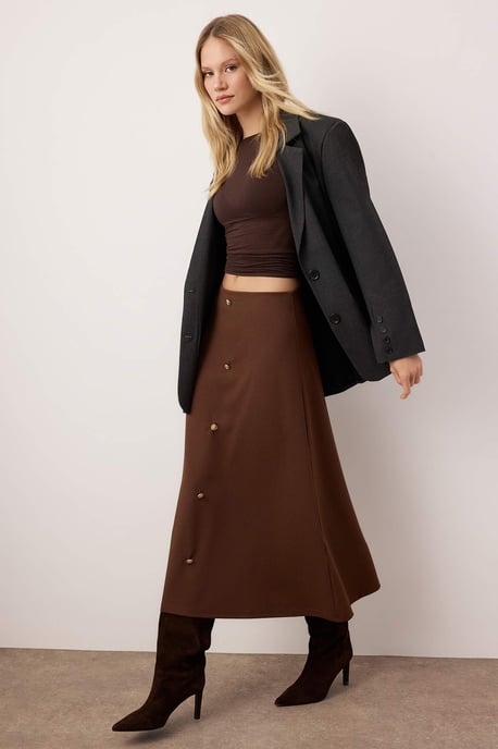 TRENDYOLMİLLA Damen Braun Einfarbig Midi Taille Elastisch Skater Röcke - Image 4