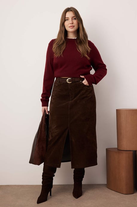 Trendyol Curve Damen Braun Einfarbig Midi Große Größen Röcke - Image 1