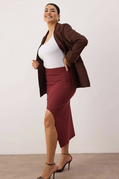 Trendyol Curve Damen Bordeaux Einfarbig Midi Bleistift Rock Große Größen Röcke - Image 4