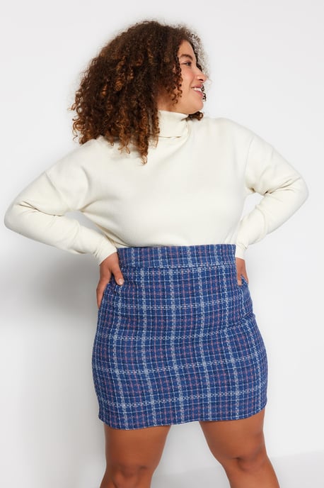 Trendyol Curve Damen Blau Kariert Kurz / Mini Bleistift Rock Große Größen Röcke - Image 2