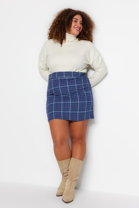 Trendyol Curve Damen Blau Kariert Kurz / Mini Bleistift Rock Große Größen Röcke - Image 6