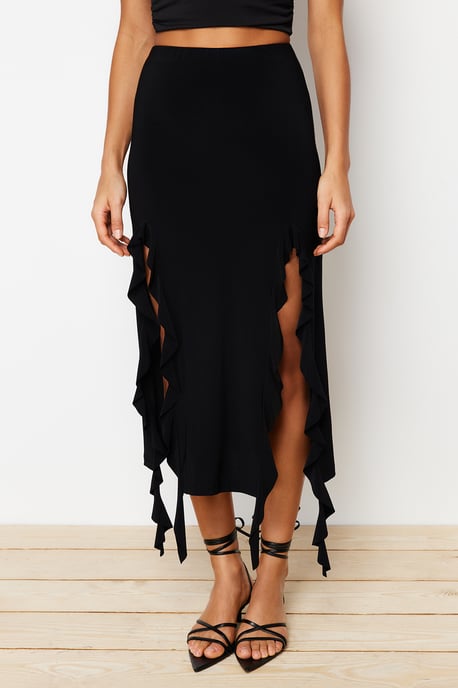 TRENDYOLMİLLA Damen Schwarz Einfarbig Midi Volantsaum Bleistift Rock Röcke - Image 3