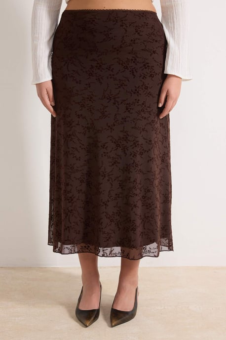 Trendyol Curve Damen Braun Geblümt Midi Große Größen Röcke - Image 2