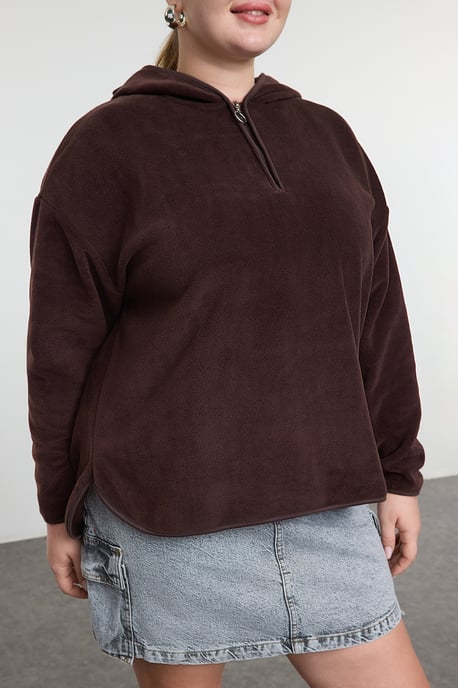 Trendyol Curve Damen Braun Einfarbig Lang Oversize Große Größen Sweatshirts - Image 2