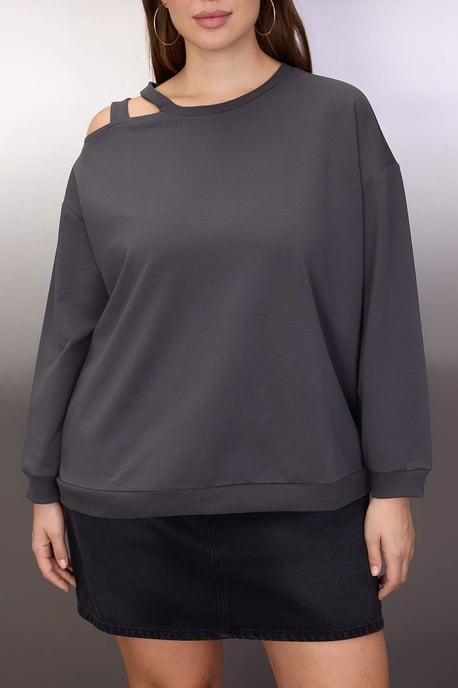 Trendyol Curve Damen Grau Einfarbig Lang Oversize Große Größen Sweatshirts - Image 2