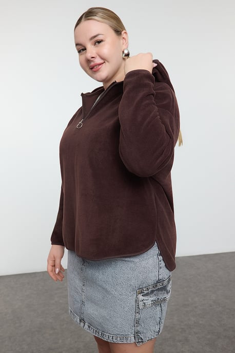 Trendyol Curve Damen Braun Einfarbig Lang Oversize Große Größen Sweatshirts - Image 6