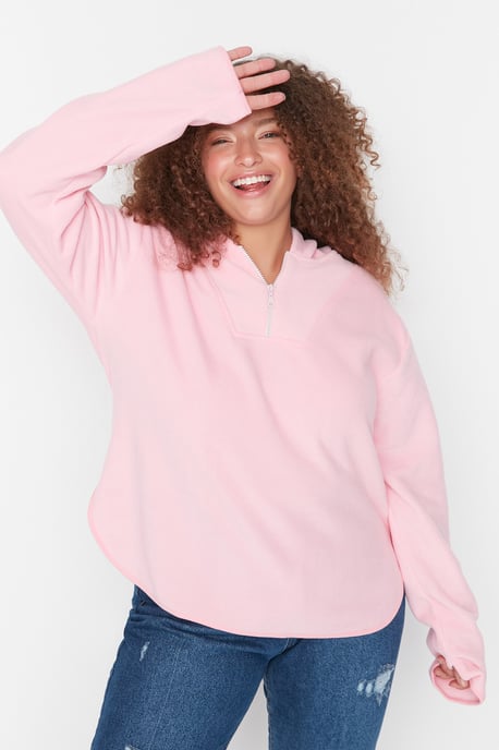 Trendyol Curve Damen Rosa Einfarbig Lang Oversize Große Größen Sweatshirts - Image 5