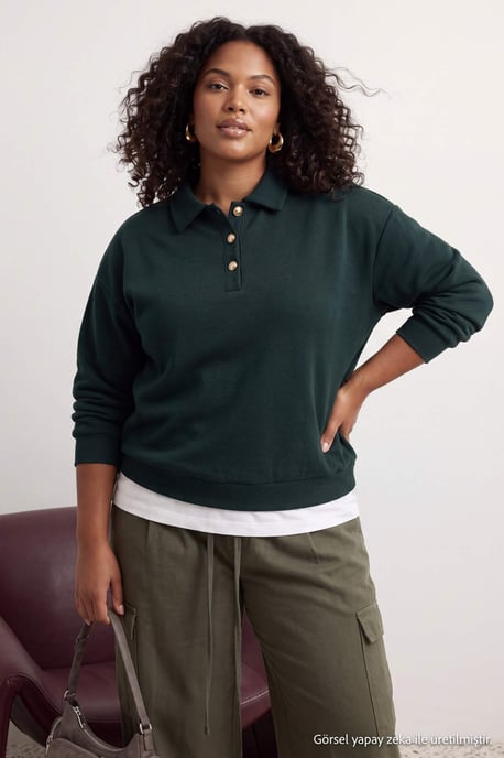 Trendyol Curve Damen Grün Einfarbig Lang Regular Fit Große Größen Sweatshirts - Image 2