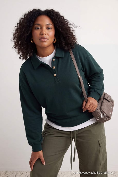 Trendyol Curve Damen Grün Einfarbig Lang Regular Fit Große Größen Sweatshirts - Image 3