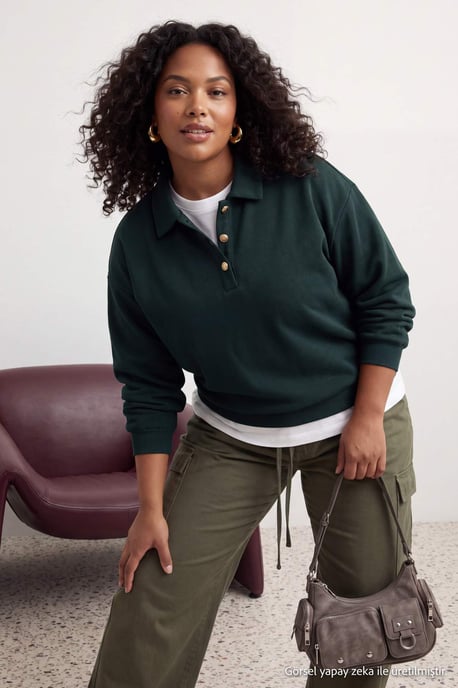 Trendyol Curve Damen Grün Einfarbig Lang Regular Fit Große Größen Sweatshirts - Image 4