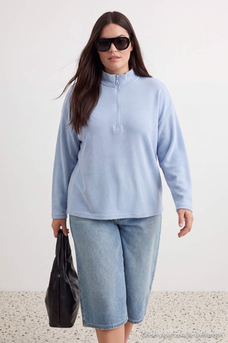 Trendyol Curve Damen Blau Einfarbig Lang Oversize Große Größen Sweatshirts - Image 1