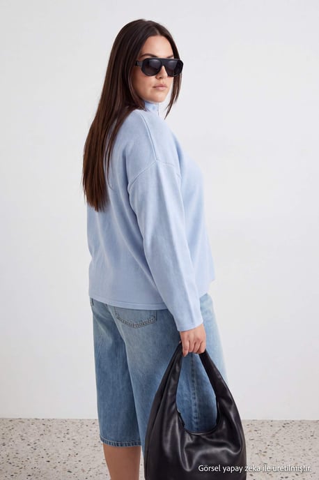 Trendyol Curve Damen Blau Einfarbig Lang Oversize Große Größen Sweatshirts - Image 3