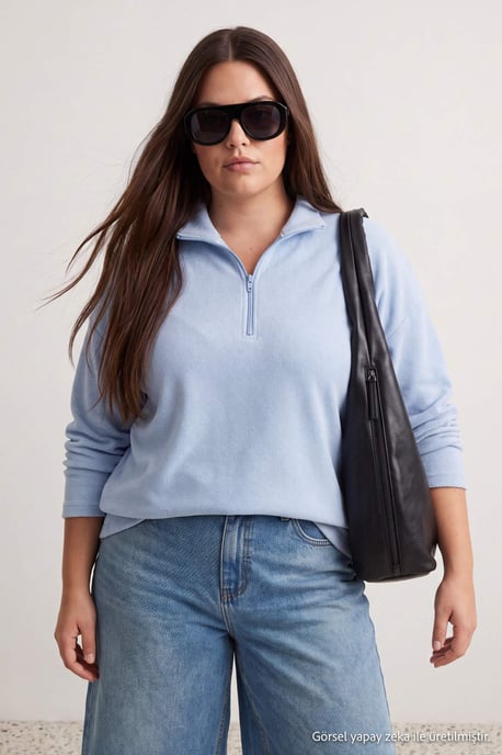 Trendyol Curve Damen Blau Einfarbig Lang Oversize Große Größen Sweatshirts - Image 6