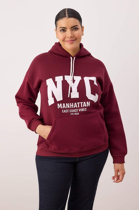 Trendyol Curve Damen Bordeaux Grafik Lang Regular Fit Große Größen Sweatshirts - Image 1