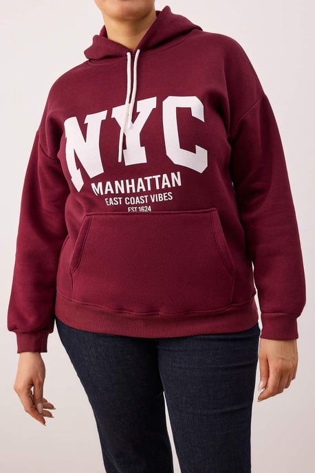 Trendyol Curve Damen Bordeaux Grafik Lang Regular Fit Große Größen Sweatshirts - Image 2