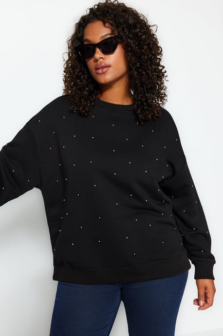 Trendyol Curve Damen Schwarz Einfarbig Lang Oversize Große Größen Sweatshirts - Image 1