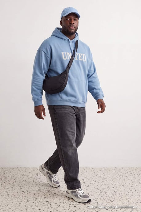TRENDYOL MAN Unisex Blau Slogan Lang Oversize Große Größen Sweatshirts - Image 3