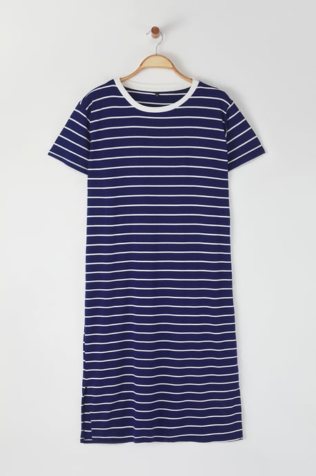 Trendyol Curve Damen Dunkelblau Gestreift Midi Kurz Casual T-Shirt Kleid Große Größen Kleid - Image 5