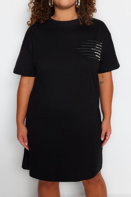Trendyol Curve Damen Schwarz Slogan Kurz / Mini Kurz Casual T-Shirt Kleid Große Größen Kleid - Image 3