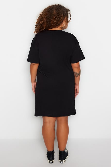 Trendyol Curve Damen Schwarz Slogan Kurz / Mini Kurz Casual T-Shirt Kleid Große Größen Kleid - Image 5