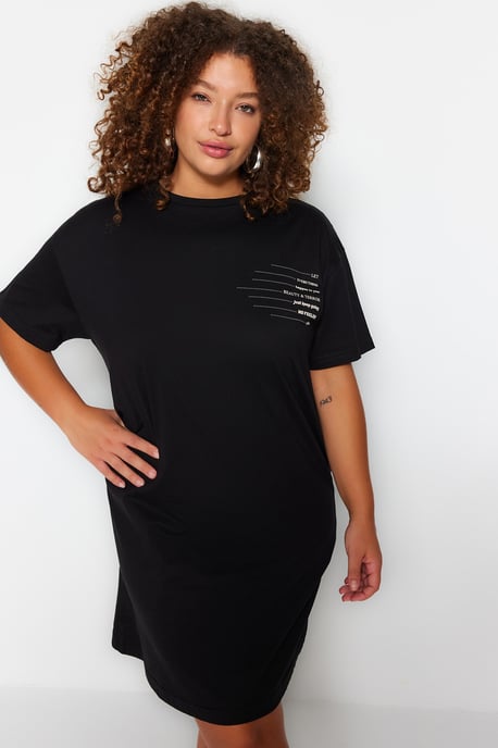 Trendyol Curve Damen Schwarz Slogan Kurz / Mini Kurz Casual T-Shirt Kleid Große Größen Kleid - Image 6