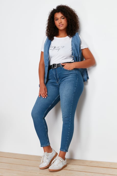 Trendyol Curve Damen Dunkelblau Einfarbig Skinny Hohe Taille Große Größen Jeans - Image 2
