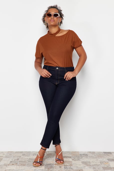 Trendyol Curve Damen Blau Einfarbig Skinny Hohe Taille Große Größen Jeans - Image 1