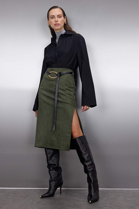 TRENDYOLMİLLA Damen Khaki Einfarbig Midi Bleistift Rock Röcke - Image 6