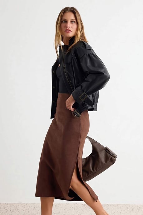 TRENDYOLMİLLA Damen Braun Einfarbig Midi Bleistift Rock Röcke - Image 2