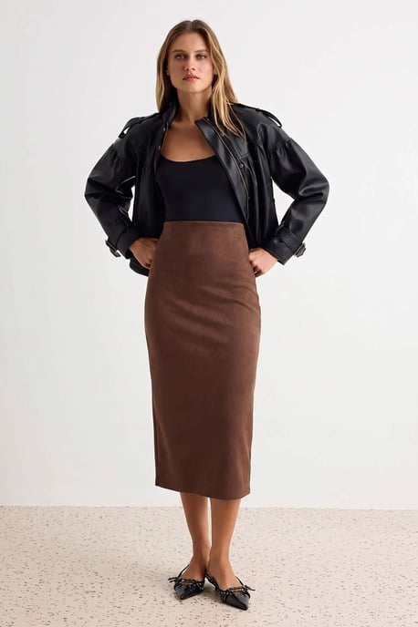 TRENDYOLMİLLA Damen Braun Einfarbig Midi Bleistift Rock Röcke - Image 5