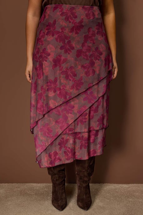 Trendyol Curve Damen Bordeaux Geblümt Midi Große Größen Röcke - Image 2