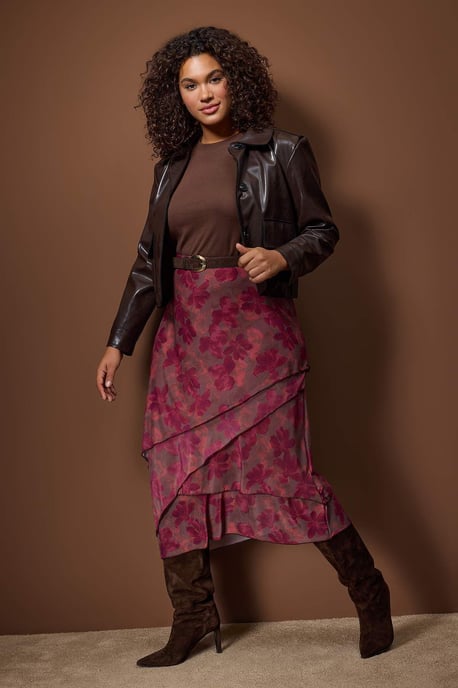 Trendyol Curve Damen Bordeaux Geblümt Midi Große Größen Röcke - Image 4