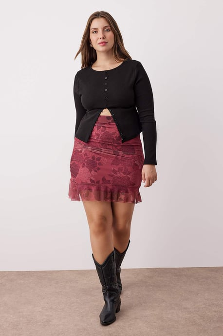 Trendyol Curve Damen Bordeaux Geblümt Kurz / Mini Große Größen Röcke - Image 1