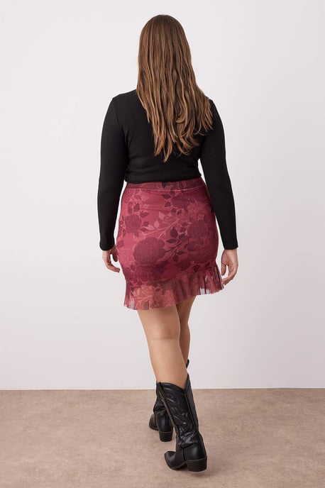 Trendyol Curve Damen Bordeaux Geblümt Kurz / Mini Große Größen Röcke - Image 3